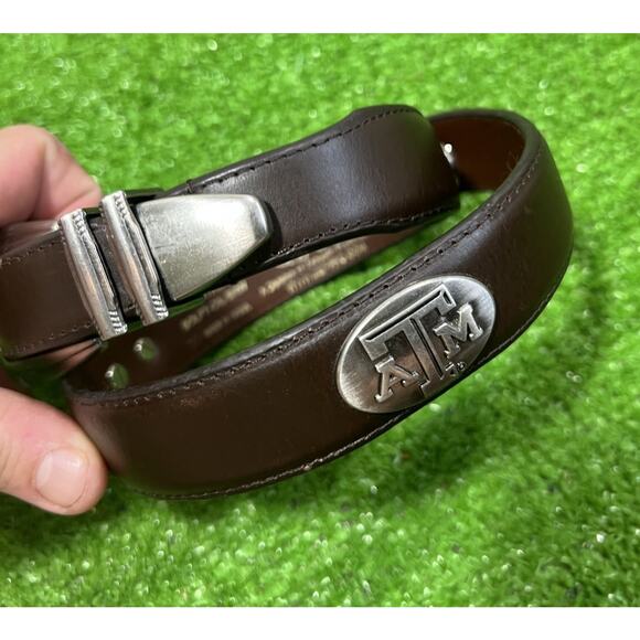 Y2K Texas A&M Leather Belt Brown Leather Silver Accent Aggie Logo Preppy SZ 30 - Picture 1 of 5
